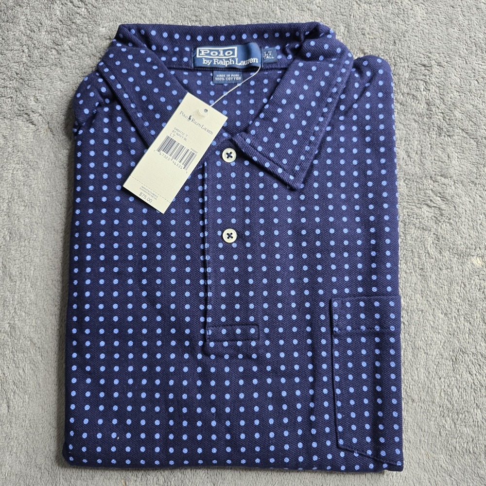 NWT Polo Ralph Lauren Mesh Polo Shirt Mens Large Tall Navy Blue S/S Polka Dots